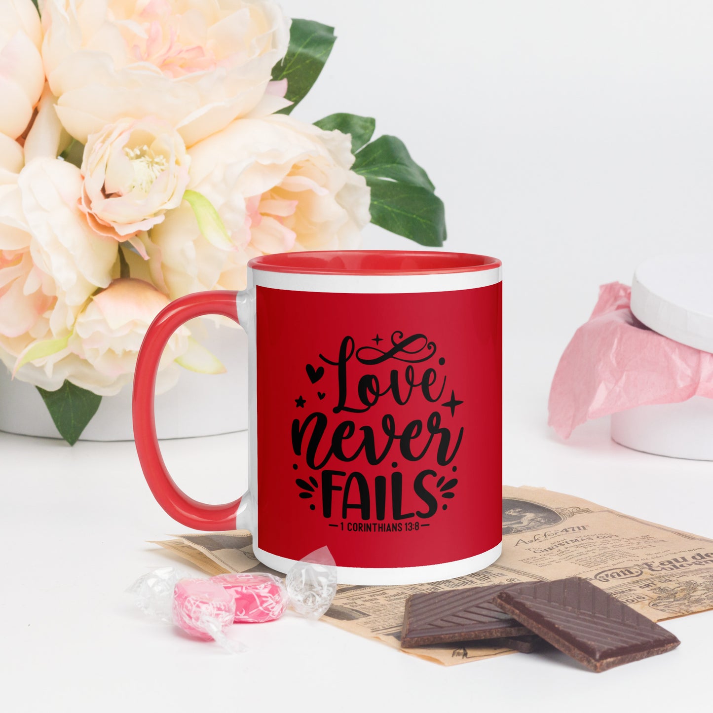 Love Never Fails Red Mug