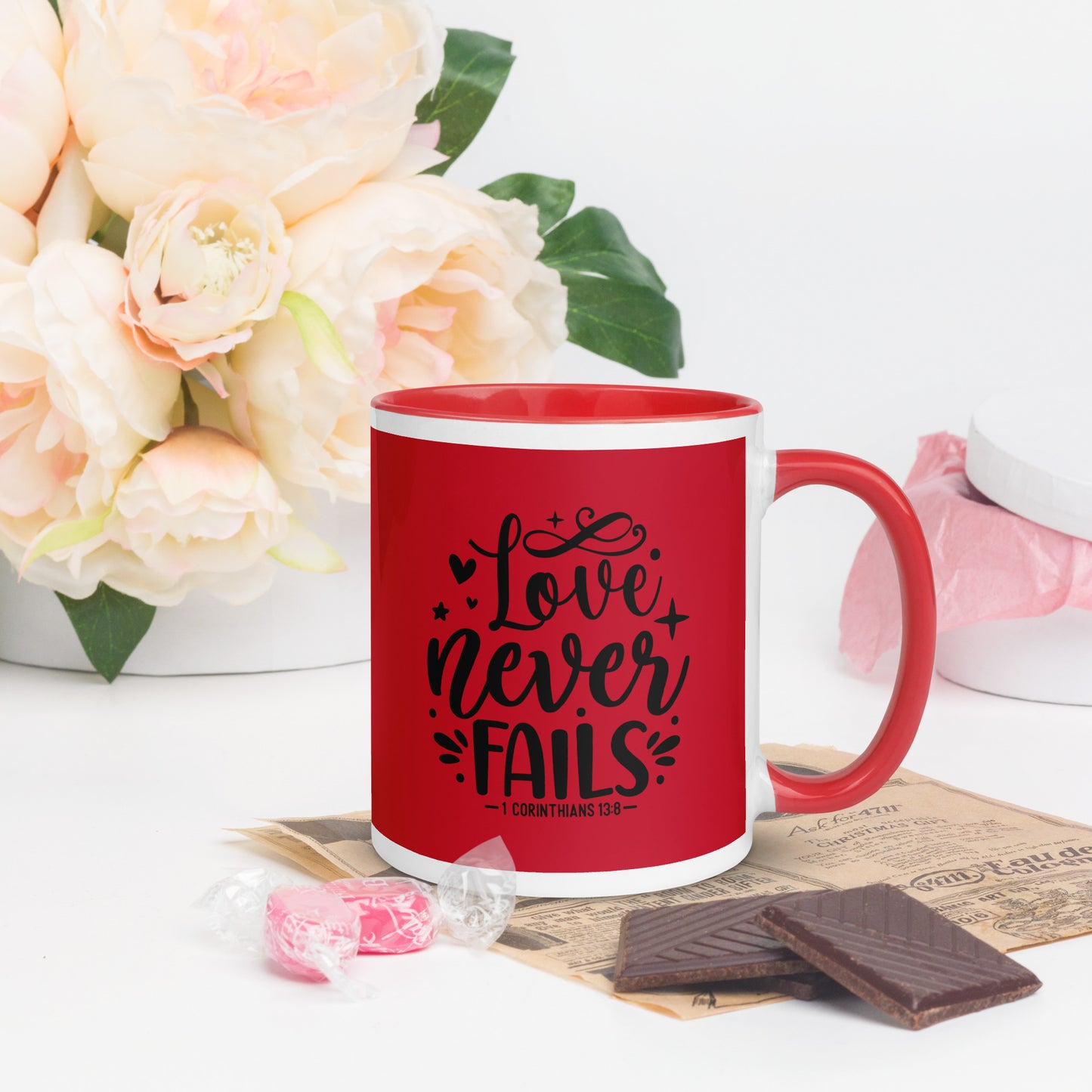 Love Never Fails Red Mug